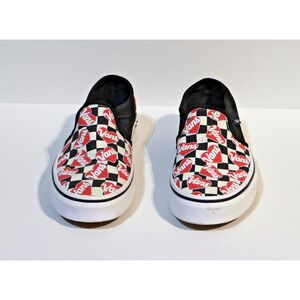 VANS Checkerboard Red Black White Hearts Slip On Sneakers Women's Sz 6